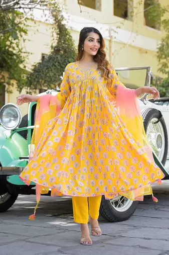 Divena yellow floral print muslin fabric a-line kurta pant with dupatta