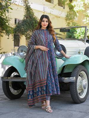 Divena multicolor floral print cotton fabric kurta  pant with dupatta 4
