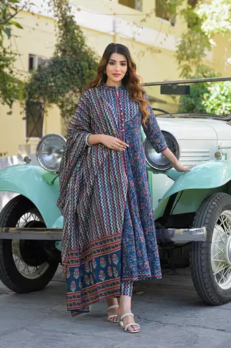 Divena multicolor floral print cotton fabric kurta  pant with dupatta