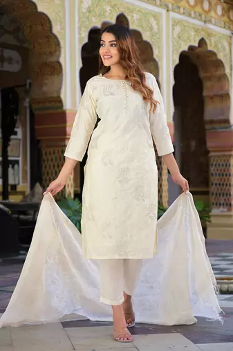 Divena cream solid chanderi silk kurta pant with dupatta