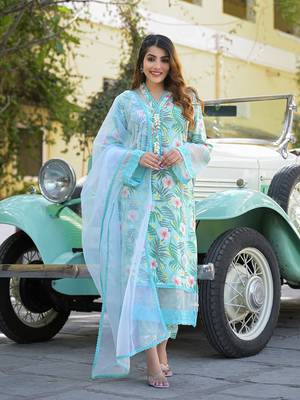 Divena seagreen floral printed rayon kurta pant set with dupatta 1