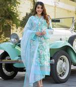 Divena seagreen floral printed rayon kurta pant set with dupatta