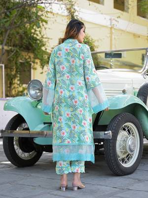 Divena seagreen floral printed rayon kurta pant set with dupatta 2