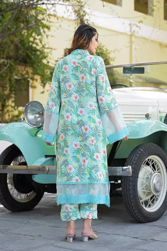 Divena seagreen floral printed rayon kurta pant set with dupatta