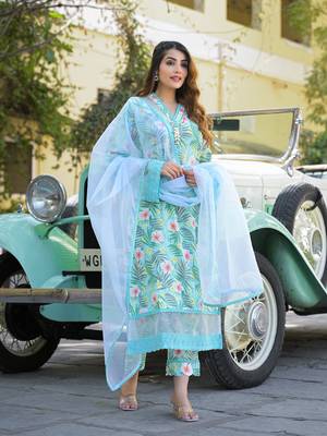 Divena seagreen floral printed rayon kurta pant set with dupatta 3