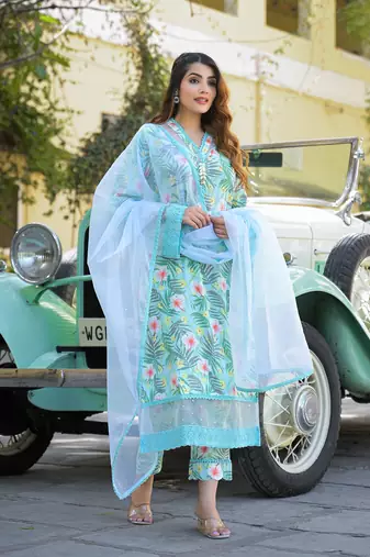 Divena seagreen floral printed rayon kurta pant set with dupatta