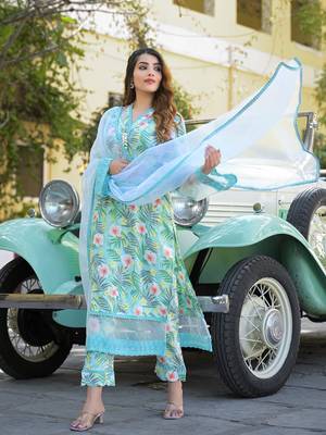 Divena seagreen floral printed rayon kurta pant set with dupatta 4