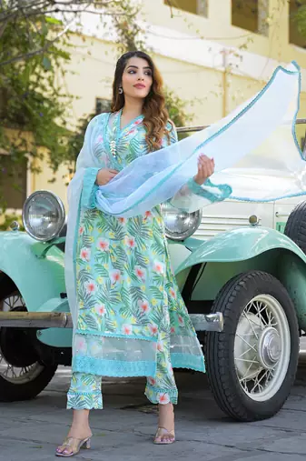 Divena seagreen floral printed rayon kurta pant set with dupatta