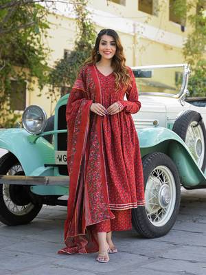 Divena red floral cotton printed anarkali kurta pant with dupatta 1