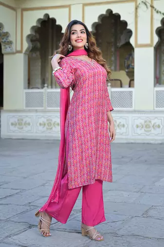 Divena pink floral printed muslin straight kurta pant with dupatta