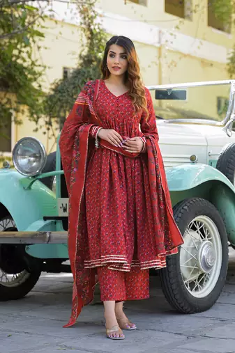 Divena red floral cotton printed anarkali kurta pant with dupatta