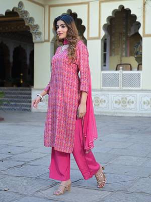Divena pink floral printed muslin straight kurta pant with dupatta 4