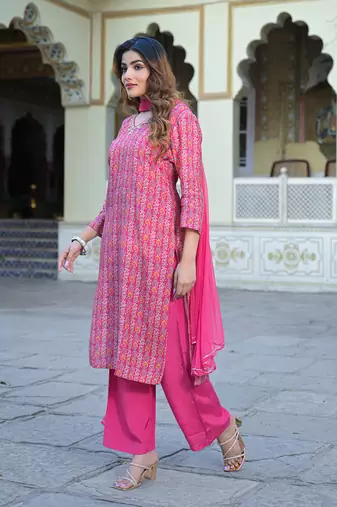 Divena pink floral printed muslin straight kurta pant with dupatta