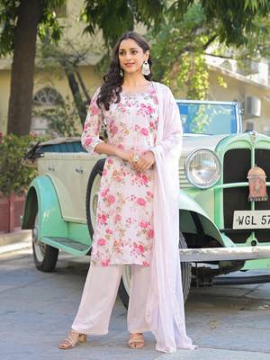 Divena light pink floral printed muslin straight kurta pant with dupatta 1