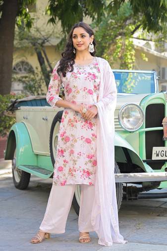 Divena light pink floral printed muslin straight kurta pant with dupatta
