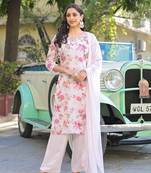 Divena light pink floral printed muslin straight kurta pant with dupatta