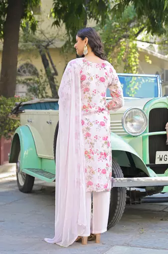 Divena light pink floral printed muslin straight kurta pant with dupatta