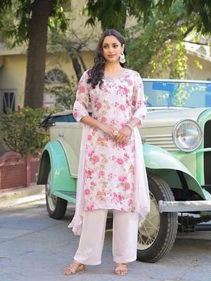 Divena light pink floral printed muslin straight kurta pant with dupatta 3