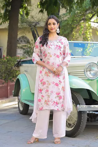 Divena light pink floral printed muslin straight kurta pant with dupatta
