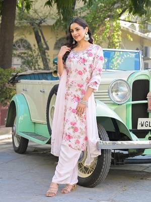 Divena light pink floral printed muslin straight kurta pant with dupatta 4