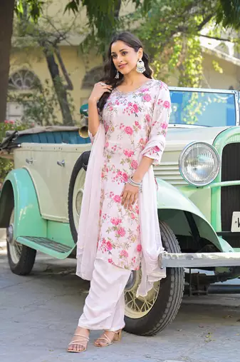 Divena light pink floral printed muslin straight kurta pant with dupatta