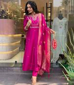Rani pink viscose chanderi heavy thread embroidery work with jacquard woven dupatta kurta pant set