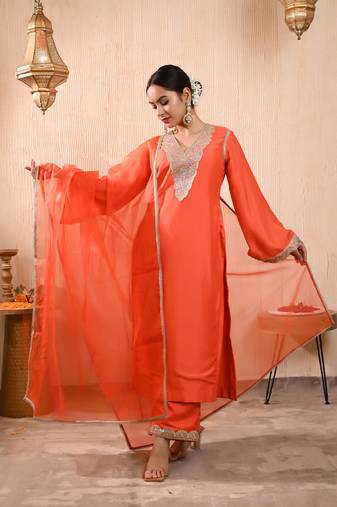 Orange silk kurta set