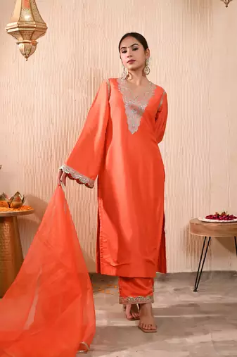 Orange silk kurta set