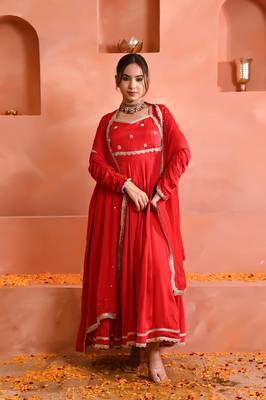 Red chinon anarkali set 1