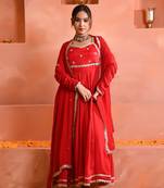 Red chinon anarkali set