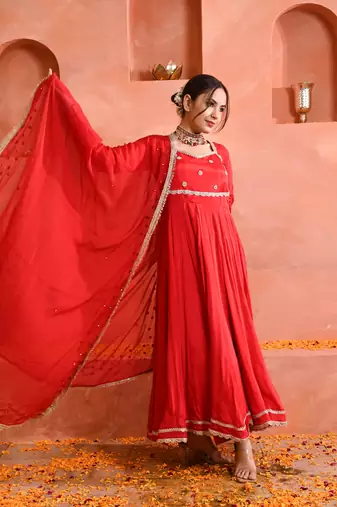 Red chinon anarkali set
