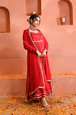 Red chinon anarkali set 3