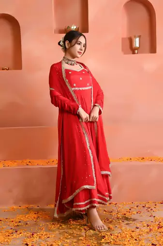 Red chinon anarkali set