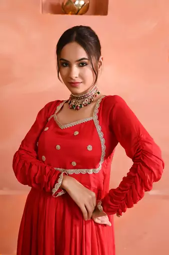 Red chinon anarkali set