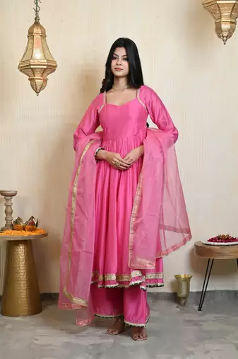 Pink chanderi anarkali set