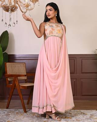 Peach Embroidered georgette gown 1