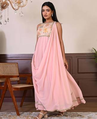 Peach Embroidered georgette gown 3