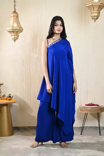 Blue one shoulder kaftan set