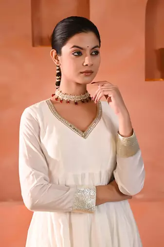 White chanderi anarkali set