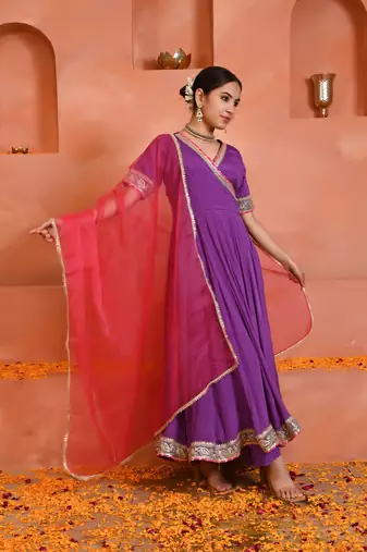 Purple chinon anarkali set