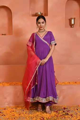 Purple chinon anarkali set