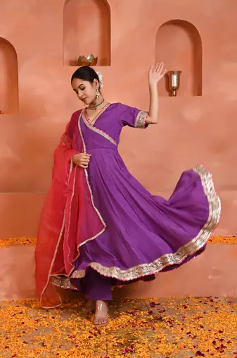 Purple chinon anarkali set