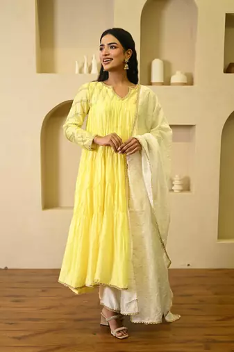 Yellow chanderi suit set