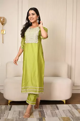Lime green chanderi kurta set