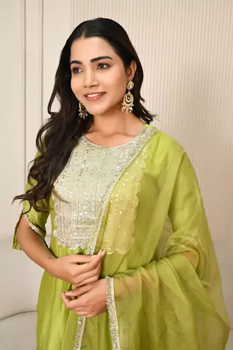 Lime green chanderi kurta set