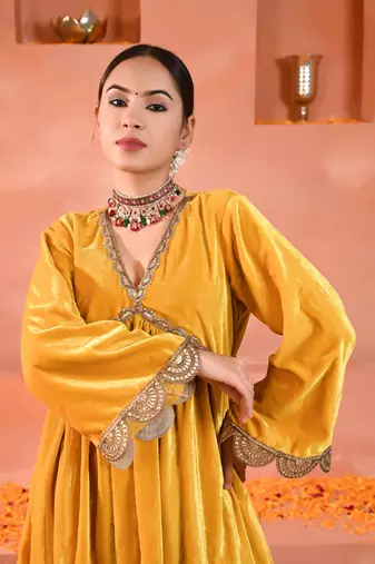 Yellow velvet kurta set