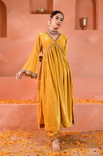 Yellow velvet kurta set
