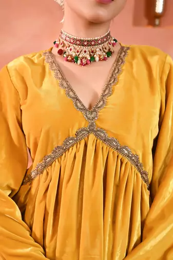 Yellow velvet kurta set