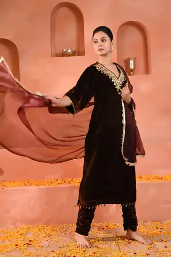 Brown velvet kurta set