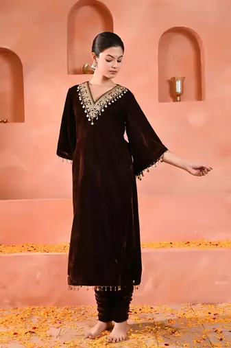 Brown velvet kurta set